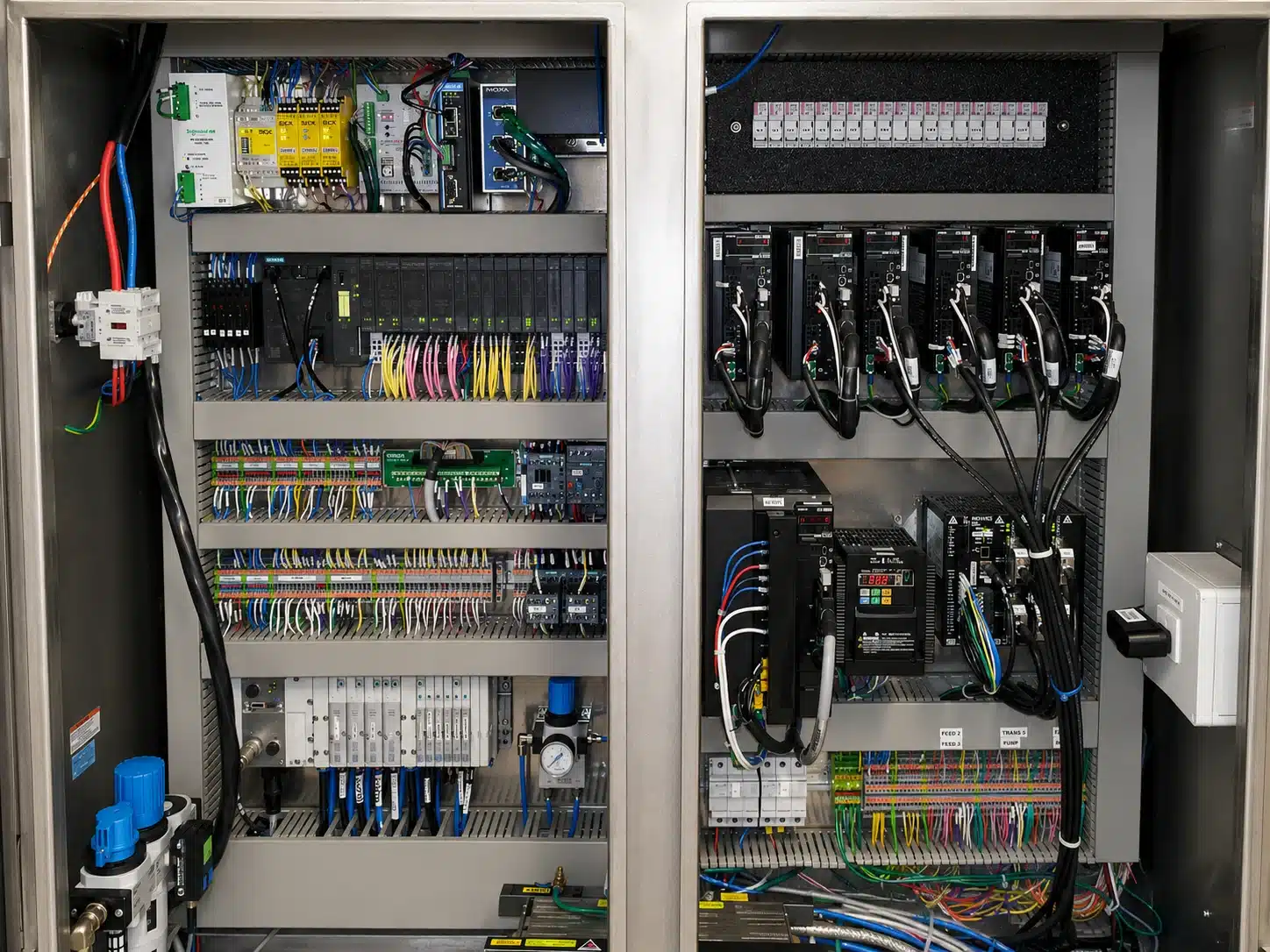 Open industrial control panel with organized automation components and wiring