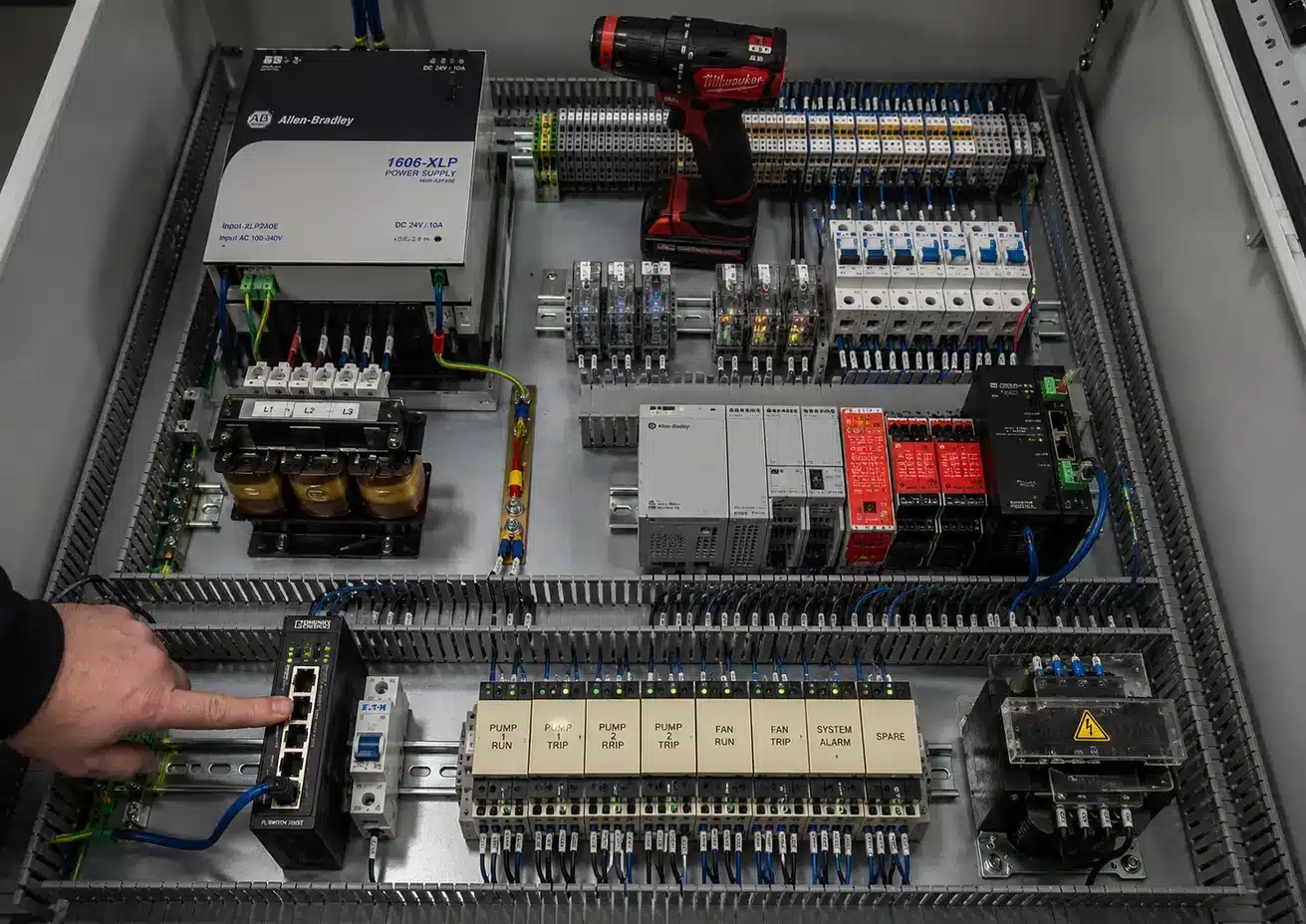 Industrial control panel with automation and electrical components