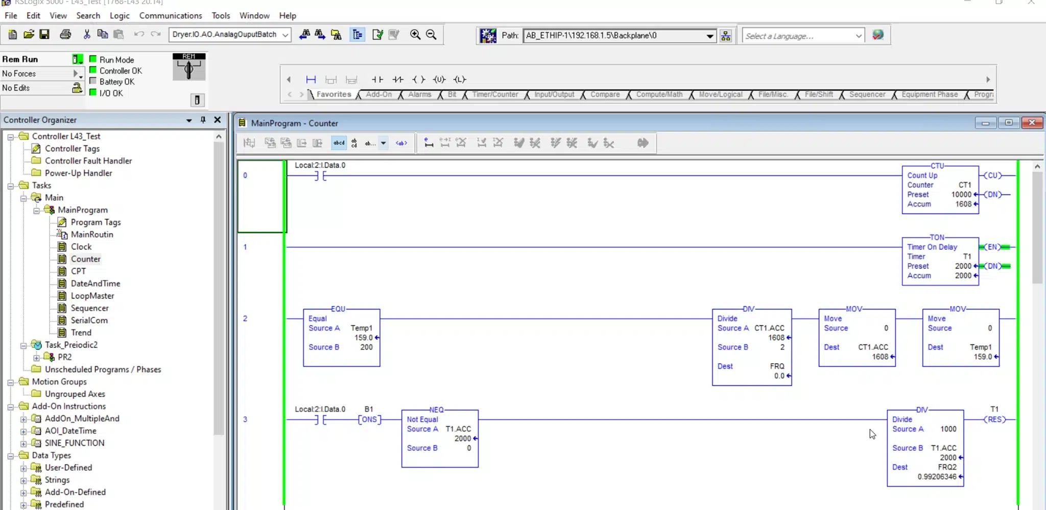 PLC programming software displaying industrial control logic